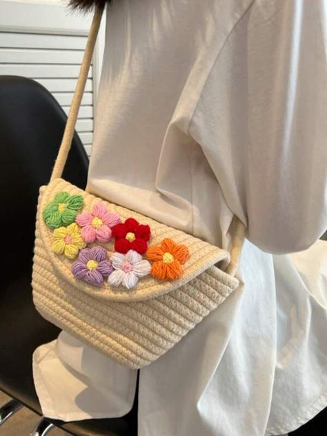 Medium Crochet Bag Flower Decor Flap For Vacation | SHEIN USA Crochet Bag With Flap, Crochet Bag Flower, Bag Flower, Flower Decor, Bag Crochet, Crochet Bag, Flower Decorations, Crochet, Flowers