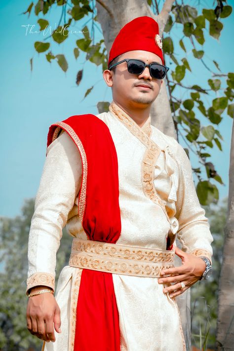 Nepali Wedding Photoshoot Men Wedding Attire, Nepali Tilhari Design, Nepali Cultural Dress, Nepali Dhaka Dress, Nepali Wedding Photography, Nepali Wedding, Nepali Groom Daura Suruwal, Groom And Bride, Mens Wedding Attire