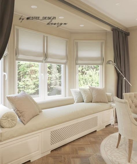 Big Bay Window Ideas, Bedroom With Bench Window, Bae Window Ideas, Bedroom Bay Window Seat, Window Seat Couch, Window Seat Over Radiator, Baywindowseat Bedroom, Window Seat With Table, Bay Window Seat Living Room