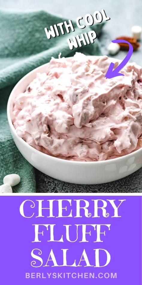 Our Cherry Fluff Salad recipe is a vintage dessert recipe made with Cool Whip, pineapples, cherry pie filling, marshmallows, coconut, and pecans. It's an easy dessert recipe that your entire family will love! Get the full recipe at berlyskitchen.com. Cherry Marshmallow Fluff, Cherry Pineapple Fluff, Cherry Fluff Salad Recipes, Cherry Fluff Salad Cool Whip, Cherry Pie Filling Salad, Cherry Fluff Salad, Pie Filling Desserts, Crawfish Bisque, Cherry Fluff