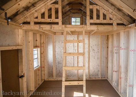 Pre Built Sheds, Officine In Garage, Shed Playhouse, Shed With Loft, Shed Interior, Build A Playhouse, Diy Shed Plans, Storage Shed Plans, Shed Plan