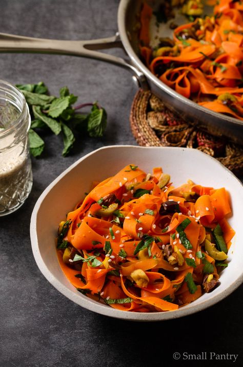 Shaved Carrot Salad with Olives and Fresh Herbs – Small Pantry Recipes Summer Skewers, Grated Carrot Salad, Salad With Olives, Carrot Salad Recipes, Veggie Skewers, Pantry Recipes, Olive Salad, Sweet Carrot, Raw Carrots