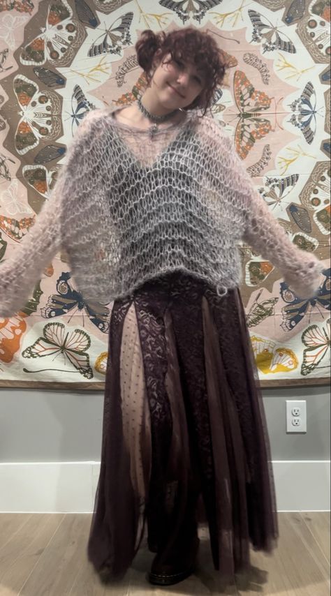 Crochet Sweater Loose Knit, Sheer Knit Sweater Outfit, Loose Knit Sweaters Outfit, Crochet Sweater Loose, Seethrough Knit Sweater, Loose Skirt Outfit, Loose Knit Sweater Outfit, Open Knit Sweater Outfit, Deep Purple Outfit