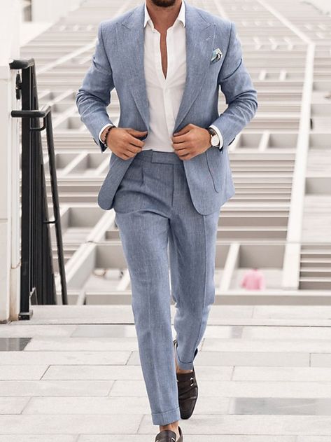 Blue Men's Wedding Linen Suits Summer Beach Wedding Suits 2 Piece Solid Colored Tailored Fit Single Breasted Two-buttons 2024 2024 - $93.99 Wedding Guest Men, Wedding Guest Suits, Suit For Men Wedding, Linen Suits For Men, Beach Wedding Suits, Summer Wedding Attire, Formal Wedding Attire, Beach Wedding Attire, Mens Wedding Attire