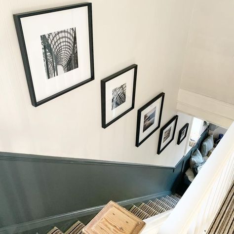 Green Dado Rail Hallway, Hallway Split Colour, Staircase Dado Rail, Dado Rail Hallway Paint Wall Colors, Narrow Hallway Colour Ideas, Closed Staircase Ideas Decor, Hallway Dado Rail, Stairs With Walls On Both Sides, Upstairs Landing Ideas