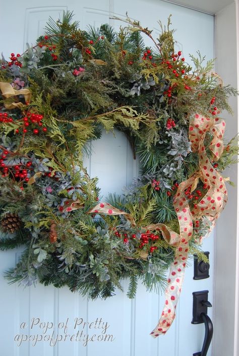 Christmas Wreath Makeover {Fake the look of real greenery} | A Pop of Pretty Blog (Canadian Home Decorating Blog - St. John's, Canada) Real Christmas Wreaths, Make A Christmas Wreath, Step Well, Mesh Christmas Wreaths, Traditional Christmas Wreath, Red Christmas Wreath, Deco Mesh Christmas Wreaths, Christmas Candle Decorations, Christmas Wreaths To Make