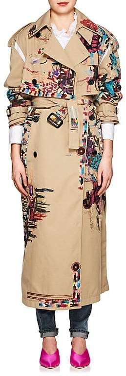 Valentino Women's 2-In-1 Embellished Trench Coat. Valentino's belted trench coat is crafted of beige twill ornately embellished with multicolored embroidery, seed beads, and sequins set in a folkloric pattern. Made in Italy, the 2-in-1 style is designed with a button-off panel, allowing it to also be worn as a crop jacket. Spread collar. Buckle throat latch. Stitched-down epaulettes. Split shoulder seams. Belted cuffs. Belt. Storm flap and button-down center vent at back. #afflink Trench Coat Collar, Womens Outerwear, Flamboyant Gamine, Coat Collar, Deep Autumn, Winter Mode, Belted Trench Coat, Painted Clothes, Silk Print Dress