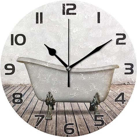 Amazon.com: Qilmy Vintage Bathtub Wall Clock Silent Non Ticking Oil Painting Round Clock for Living Room Bedroom Bathroom Home Decor : Home & Kitchen Bathroom Wall Clocks, Bathtub Wall, Vintage Bathtub, Clock For Living Room, Bathtub Walls, Bathtub Design, Diy Clock Wall, Guest Room Office, Bathroom Themes