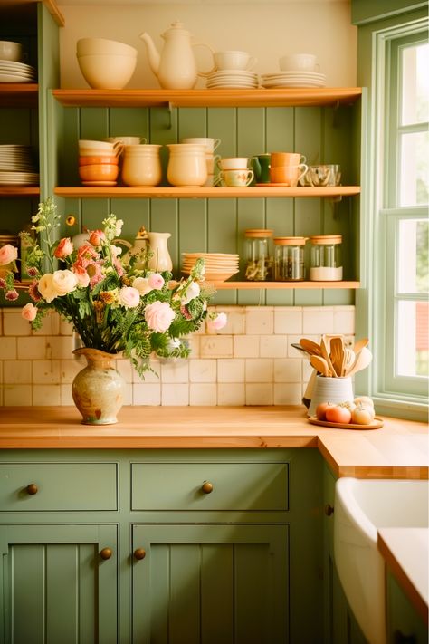 How can neutral tones still feel warm and inviting? This kitchen combines creamy whites and muted grays with wooden countertops and fresh flowers, creating a balanced, earthy charm. The natural materials add warmth and style to the space. Bring elegance to your earthy color kitchen with understated, timeless tones. Kitchen Inspo Aesthetic, Cottagecore Kitchen Aesthetic, Earthy Kitchens, Marigold Kitchen, Earthy Kitchen Ideas, Cottagecore Apartment, Earthy Kitchen, Cottage Core Kitchen, Kitchen Color Palettes