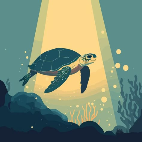 sea animal turtle diving under the sea Save Ocean Illustration, Turtle Poster Design, Turtle Vector Illustration, Save The Turtles Poster, Turtle Illustration Design, Turtle Mural, Plastic Campaign, Under The Sea Poster, Under The Sea Illustration