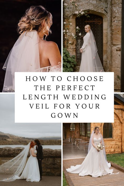 a link to a blog showing how to choose the perfect length wedding veil for your wedding gown. featuring short veils, long veils, chapel length veils and floral veils. Bridal Birdcage Veils Hairstyles, How To Choose Wedding Veil, Wedding Veil Length Chart, Wedding Veils With Ballgown Dress, Trumpet Wedding Dress With Veil, Wedding Dress And Veil Ideas, Non Veil Options Headpieces, Veil Styles Wedding, Veils For Strapless Wedding Dress