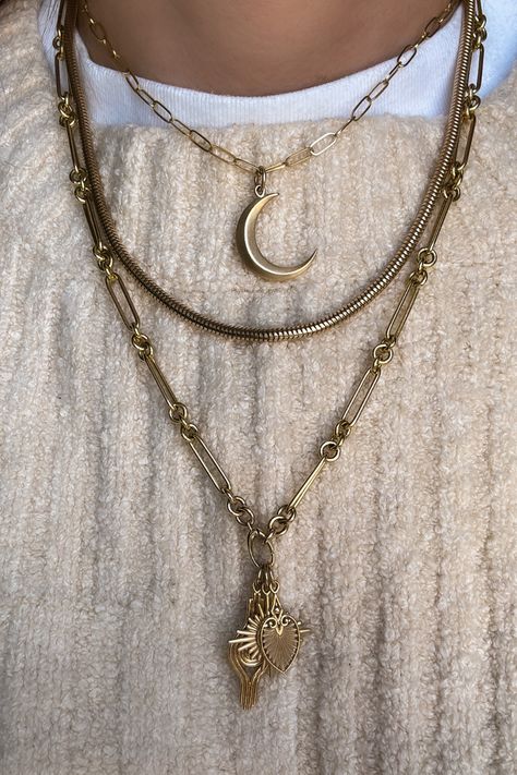 Love pairing my favorite @psychefinejewelry chains and charms with cozy knits for winter. Gold jewelry can really elevate a casual outfit. #goldjewelryaesthetic #goldchains #goldcharms Layered gold necklaces • Greek mythology inspired charms • Stylish crescent moon pendant • Elegant charm necklaces • Handcrafted gold jewelry • Trendy layered jewelry look • Unique artisan necklaces • Fashion influencer jewelry picks • Vintage-inspired gold chains • Statement charm layering Neck Mess, Necklaces Elegant, Layered Gold Necklaces, Greek Mythology Jewelry, Mythology Jewelry, Gold Pinky Ring, Chunky Knits, Artisan Necklace, Gold Charms