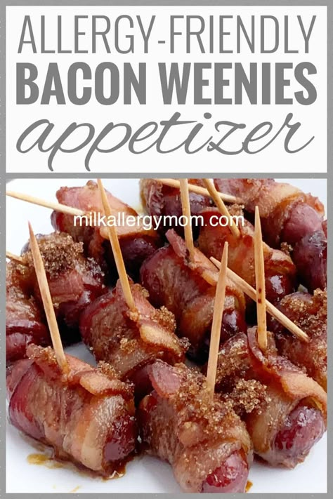 Easy appetizer, just 3 ingredients & allergy-friendly! Can sit hot in crockpot for hours. Recipe at Milk Allergy Mom. Enjoy! Bacon Weenies, Lactose Free Appetizers, Gluten Free Dairy Free Appetizers, Milk Allergy Mom, Gluten Free Party, Dairy Free Appetizers, Brown Sugar Bacon, Appetizers For Kids, Dairy Free Snacks