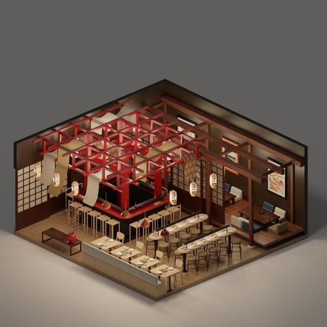 Sketching Culinary Utopias: Restaurant Interior Concepts 3d Restaurant Interior Design, Sushi Restaurant Exterior, Japanese Restaurant Layout, Sushi Shop Design, Restaurant 3d Design, Japanese Restaurant Interior Design, Sushi Restaurant Interior, Japanese Restaurant Exterior, Sushi Restaurant Design