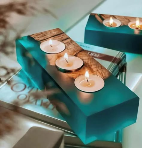 Set up the perfect atmosphere for relaxing in your tub. These candle holders are elegant and surprisingly easy to make. This course shows you exactly how. Contemporary Candles, Resin And Wood Diy, Epoxy Diy, Epoxy Resin Projects, Wood Resin Table, Epoxy Projects, Epoxy Crafts, Epoxy Ideas, Resin Work