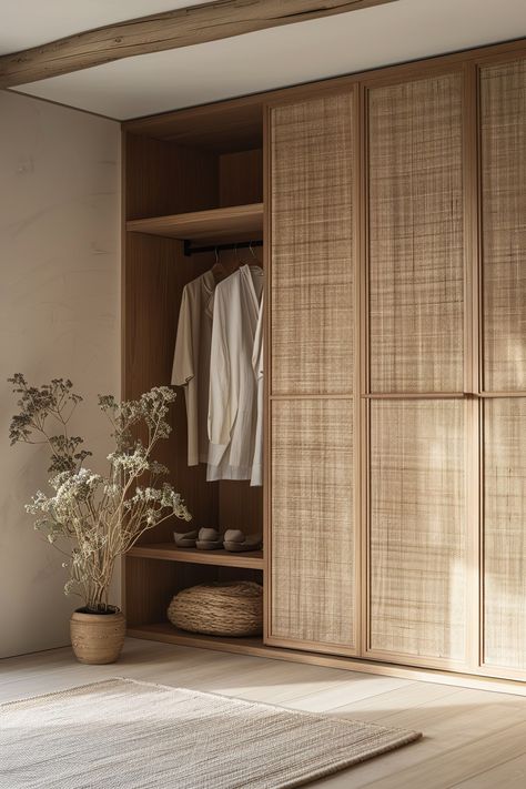 Japanese Bedroom Wardrobe, Minimalistic Wardrobe Design, Japandi Bedroom Door, Japandi Style Wardrobe, Apartment Clothing Storage, Japandi Hotel Room, Japanese Wardrobe Design, Wardrobe Curtain Doors, Bedroom Clothing Storage Ideas