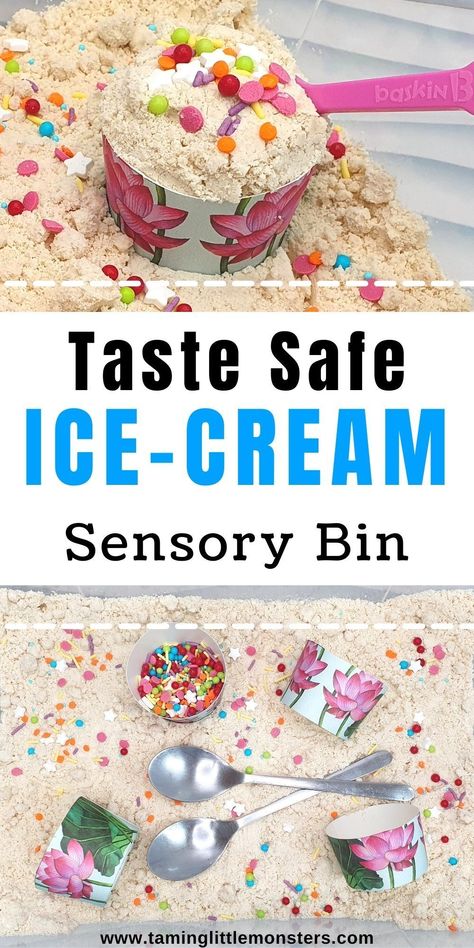 Ice Cream Sensory Bin. A taste safe sensory activity, suitable for babies, toddlers and preschoolers. Perfect for summer or beach themes. Sensory Eyfs, Sensory Play Themes, Party Activities For Preschoolers, Morning Sensory Bins, Simple Sensory Bin Ideas, Summer Treats Crafts For Toddlers, June Sensory Bin Ideas, May Sensory Bin, Sensory Bins For Infants