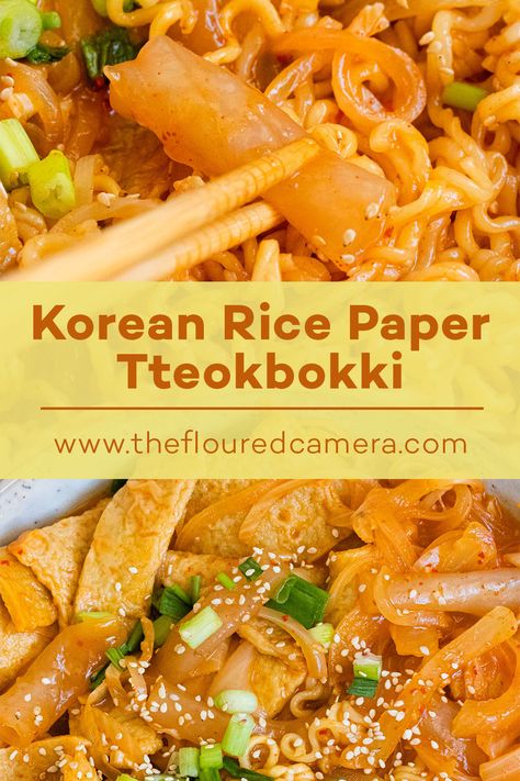 Korean Rice Paper Tteokbokki - The Floured Camera Tteokbokki With Rice Paper, Rice Paper Recipes Noodles, Rice Paper Rice Cakes, Rice Paper Cheese Sticks, Rice Paper Tteokbokki Recipe, Teokkboki Rice Paper, Tobboki Korean Recipe, Dukbokki Recipe, Rice Paper Noodle Recipes