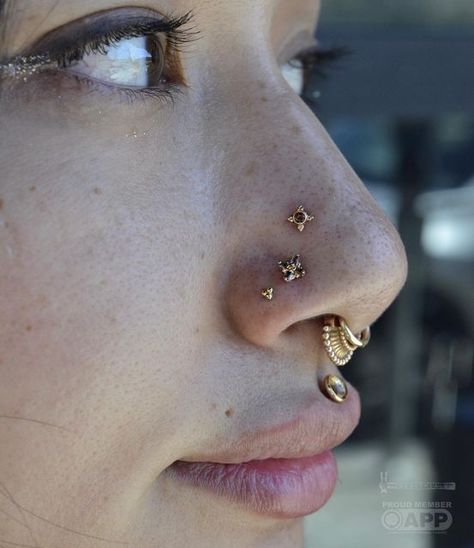 marina on Instagram: "I’ve been doing a lot of second sets of nostrils lately but im always extra excited when i get to add a third set. Fresh pair of lower nostrils with 3 bead clusters from @bodygems Thanks @sanguis.hostium for trusting me with these. They look amazing on you. . . #nostrils #nostrilpiercing #highnostrils #pairednostrils #tripplenostrils #tripplenostrilpiercings #appmember #safeliercing #industrialberkeley #industrialberkeleymarina @bvla @regalia @bvlalove @industrialberkele Piercing Face Ideas, Stacked Nose Piercing, Face Piercings Ideas, Piercing Inspo Face, Piercing Setup, Piercing Inspo, Face Piercings, Nose Piercings, Cool Piercings