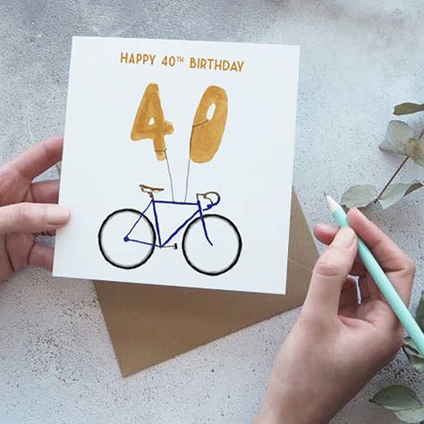 Birthday Cards 40 Years, Bike Cards Handmade, Bike Birthday Cards, Hand Made 40th Birthday Cards, Bicycle Birthday Cards, Birthday Card Bicycle Diy, Postcards Inspiration, Bike Card, 50th Birthday Quotes