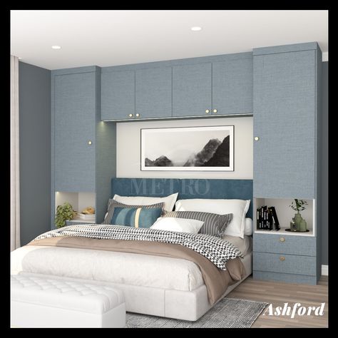 Add style and functionality to the unused space above the bed Bed With Two Side Wardrobe, Bed Side Wardrobes, Wardrobe Attached To Bed, Bed With Cupboards Either Side, Bed Attached Dressing Table, Bedroom Wardrobe With Bed, Bed Side Storage Ideas, Bedroom With Wardrobe On Both Sides, Wardrobe Design Over Bed