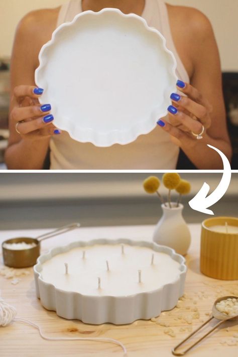 Candle with 7 Wicks Candle Container Ideas Diy Projects, How To Make Large Candles, Thrift Store Candle Containers, How To Make Dough Bowl Candles, Dough Bowl Candles Diy, Diy Large Candle, Snowflake Tablescape, Candle Container Ideas, Diy Candle Containers