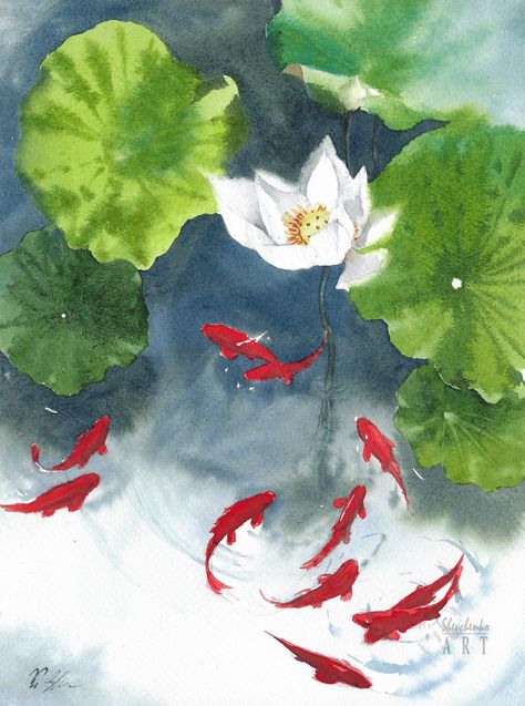 Koi Fish Pond Watercolor, Koi Watercolor Painting, Koi Fish In A Pond, Lily Pad Pond, Fish In A Pond, Flowers Lilly, Pond Drawing, Watercolor Koi Fish, Master Watercolor