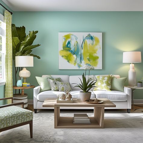 living room with light blue walls and lime green accents Living Room With Green Accents, Room With Green Accents, Ivory Living Room, Light Blue Living Room, Blue Green Paints, Living Room Wall Color, Light Blue Walls, Teal Walls, Green Sofa