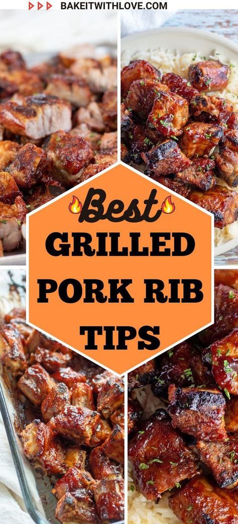 I've been grilling up a storm now that summertime is finally here, and I was super excited to share these easy grilled pork rib tips. They're cooked low and slow for a couple of hours, then all you have to do is flip them and baste them with BBQ sauce. Get the recipe at BakeItWithLove.com #bbq #grilled #pork #ribs #dinnerideas #familymeals Pork Rib Tips Recipe, Slow Cook Pork Ribs, Rib Tips Recipe, Pork Rib Tips, Grilled Pork Ribs, Delicious Grill Recipes, Grilled Porterhouse Steak, Pork Ribs Grilled, Best Bbq Recipes