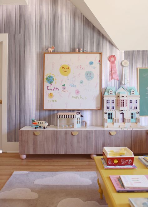 Colorful Shared Playroom Inspiration on LayBabyLay.com Sophisticated Playroom, Shared Playroom, Whimsical Playroom, Child Playroom, Mural Fabric, Playroom Paint, Blue Playroom, Fun Playroom, Loft Playroom