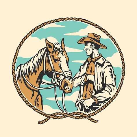 Cowboy Vector Illustration, Vintage Cowboy Art, Andrew Schulz, Cowboy Illustration, Western Illustration, Cowboy And Horse, Cowboy Valentines, Horse Clothing, Cowboy Graphic