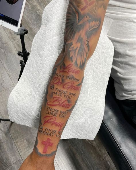 Tattoo Ideas For Men Red Ink, Red Tattoo Men Forearm, Whole Forearm Tattoo Men, Red Ink Arm Tattoos, Left Forearm Tattoo Men, Red Ink Sleeve Tattoo, Side Arm Tattoo Men, Outer Forearm Tattoo Men Half Sleeves, Time Heals All Wounds Tattoo