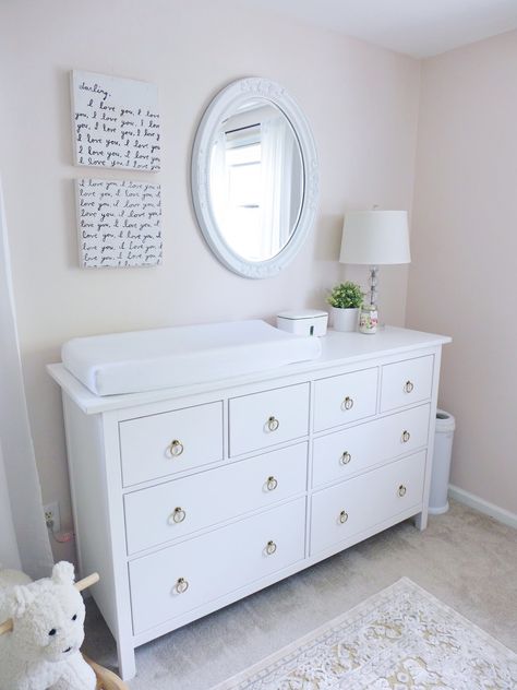 Baby Girl Nursery Reveal! | Katie Elizabeth Change Tables, Dresser Nursery, Ikea Hemnes Dresser, Hemnes Dresser, Ikea Nursery, Change Table, Baby Dresser, Nursery Dresser, Ikea Hemnes