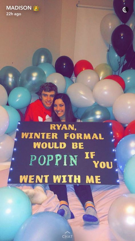 Poppin. Winter formal proposal with balloons #WF2016 Winter Formal Proposal, Snow Wedding Dress, Sadie Hawkins Proposals, Formal Proposal, Volleyball Promposal, Creative Prom Proposal Ideas, Sadies Proposal, Cute Hoco Proposals, Formal Proposals