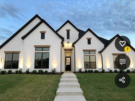 Hardie And Brick Exterior, White Brick Modern Farmhouse, Spec Home Exterior, Exterior Vestibule, White Stucco House With Black Trim, Black Window Exterior, Home Design Ideas Exterior, Modern Traditional Exterior, White And Black House Exterior