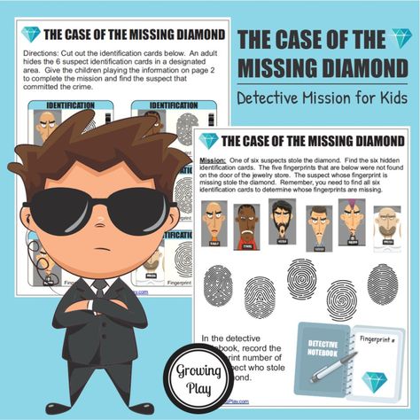 Are you looking for an activity to entertain your "spy kids"? The Case of the Missing Diamond is a FREE printable game that you can print and start playing right away. Combine imagination with physical activity and visual perceptual skills on this detective fingerprint mission. Mystery Games For Kids, Spy Camp, Junior Detective, Spy Games For Kids, Spy School, Detective Party, Escape Room For Kids, Detective Game, Spy Party