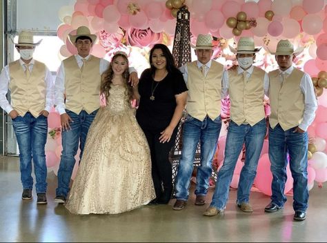 Gold Quince Chambelanes, Gold Chambelanes Outfits, Vaquero Chambelanes Outfits, Champagne Chambelan Outfits, Chambelanes Outfits Quinceanera Vaquero, Quince Chambelanes, Western Quince, Quince Court Outfits, Quince Chambelanes Outfits