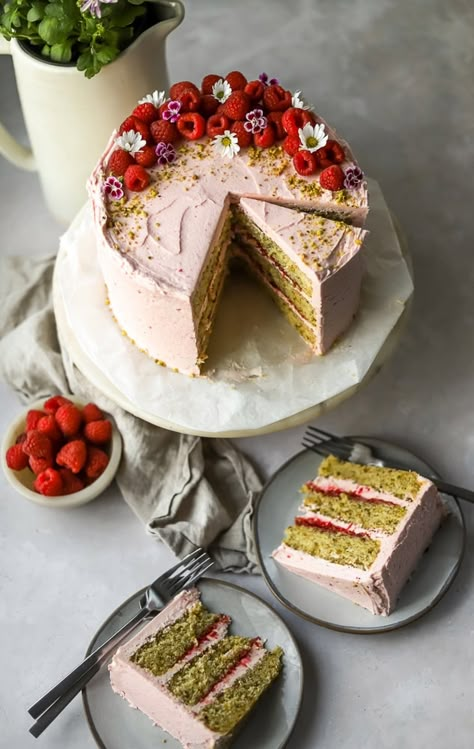 Raspberry Pistachio Layer Cake - Lion's Bread Interesting Birthday Cakes, Strawberry And Pistachio Cake, Birthday Cake Pistachio, Raspberry And Pistachio Cake, Pistachio And Raspberry Cake, Pistachio Strawberry Cake, Strawberry Pistachio Cake, Pistachio Birthday Cake, Lemon Orange Cake