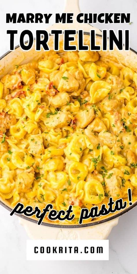 Indulge in the irresistible Marry Me Chicken Tortellini Pasta! Seasoned chicken bites, cheese-filled tortellini, and a butter cream sauce create a delectable one-skillet dinner. Ready in just 20 minutes, it's no wonder this dish went viral on TikTok! Frozen Cheese Tortellini Recipes Easy Crockpot, One Pan Chicken Tortellini, Creamy Cheese Tortellini Recipes, Tortellini Enchilada Bake, Tortellini Cheese Recipes, Recipes Using Tortellini And Chicken, Chicken Pesto Tortellini Crockpot, Mac And Cheese Tortellini, Cheese Tortellini Chicken Recipes