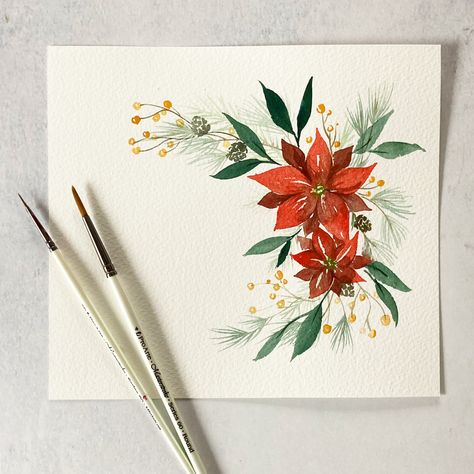 Christmas Watercolor Florals, Christmas Flower Paintings, How To Paint A Poinsettia, Christmas Flowers Painting, Christmas Flowers Watercolor, Watercolor Pointsetta, Pointsetta Painting, Pointsetta Drawing, Watercolor Poinsettia Tutorial