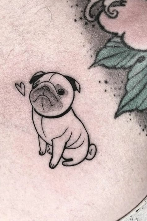 Cartoon Pug Tattoo, Pug Life Tattoo, Puggle Tattoo, Enzo Tattoo, Pug Tattoo Ideas, Yarn Tattoo, Small Dog Tattoos, Mangas Tattoo, Pug Tattoo