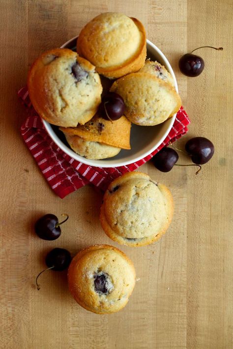 Bake and serve these easy cherry muffins, which can be made with fresh or frozen berries, at your next brunch. They also freeze well. Cherry Pie Bars, Cherry Muffins, Simple Muffin Recipe, Frozen Cherries, Cherry Recipes, Fresh Cherries, Muffin Recipes, Delicious Food, Bread Recipes