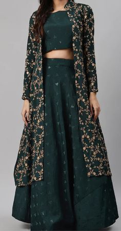 Crop Top Lehenga Blouse Designs, Indian Shrug Outfits, Crop Top Lehenga With Jacket, Top And Skirt Indian, Lehenga For Party, Jacket Style Lehenga, Function Dresses, Long Frock Designs, Simple Lehenga