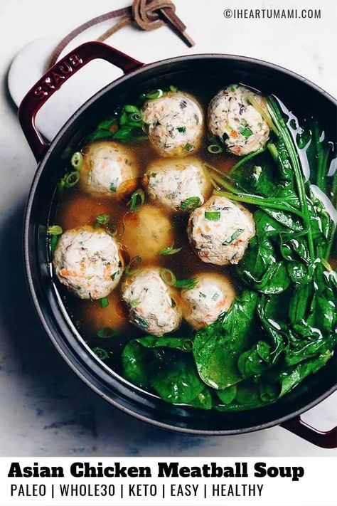 Whole 30 Soup, Asian Chicken Meatballs, Chicken Meatball Soup, Turkey Meatball Soup, Soup With Spinach, Pasta Shrimp, Chicken Meatball, Turkey Meatball, Low Carb Meatballs