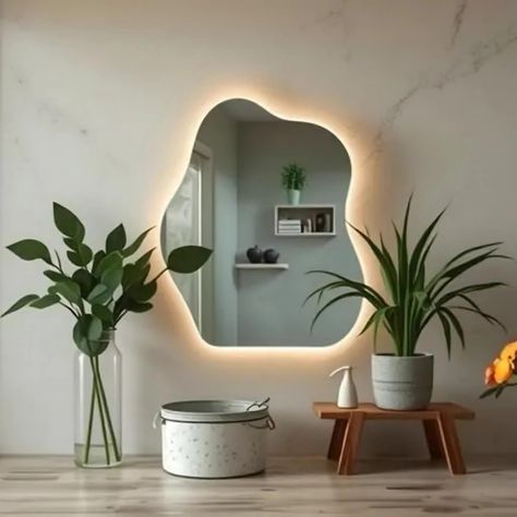 LED Illuminated Wavy Mirror, Asymmetrical LED Mirror for Your Bathroom and Bedroom Decor, Wall Hanging Mirror, Irregular Large Wall Mirror Led Mirror Design, Bedroom Mirror Wall, Led Light Mirror, Mirror Wall Hanging, Asymmetrical Mirror, Shape Mirror, Wall Hanging Mirror, Mirror Handmade, Wavy Mirror