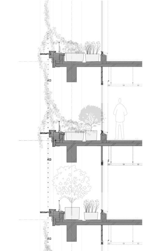 "Workers in nearby buildings can be seen pointing out and talking about new flowers and plants and even the seasons – all in the middle of a busy intersection in Tokyo's metropolitan area," Japan office by Kono Designs Planted Balconies, Balcony Section, Japan Office, Farm Office, Plants Office, Baja Ringan, Green Facade, Urban Farm, Architecture Graphics