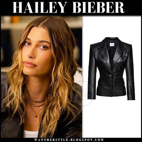 Hailey Bieber in black leather blazer on March 12 2021 Modern Black Leather Blazer, Black Leather Single Breasted Blazer, Hailey Bieber Leather Blazer, Sleek Black Leather Blazer, Black Leather Single-breasted Blazer, Black Leather Blazer, Hailey Baldwin Style, Magda Butrym, Gym Style