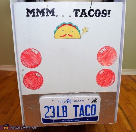 Nicole: We are the Taco Family! We LOVE tacos (but who doesn’t?!) and our 2 year old son loves trucks so we converted his stroller into a taco truck! We used... Creative Diy Costumes, Painted Cardboard, Wire Coat Hangers, Brown Blanket, How To Cut Avocado, Crepe Paper Streamers, Taco Truck, Homemade Costume, Costume Works