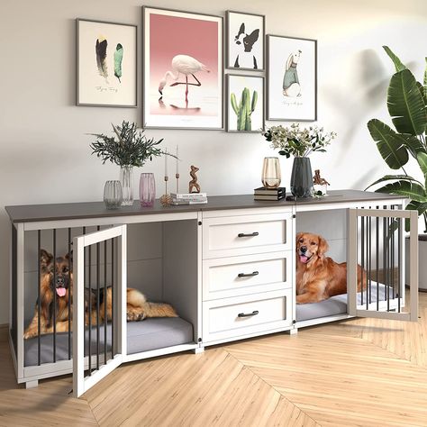 EXTRA LARGE CAGE SPACE MULTI-PURPOSE DOG CRATE FURNITURE - The oversized 95" x 24" tabletop can hold up to 60 pounds. You can use this dog crate as a TV stand, display stand, plant stand, etc. EQUIPPED WITH STORAGE SPACE - which is plenty of room to store dog toys, leashes, and other supplies. DETAIL-FILLED DESIGN - The crate cage bars are made of rugged steel. Your pet will have a full 180-degree view of the full room when inside! :) For tracking or other questions, contact Amazon. Crate Tv Stand, Extra Large Dog Crate, Double Dog Crate, Dog Crate Table, Furniture Style Dog Crate, Heavy Duty Dog Crate, Wooden Dog Kennels, Wooden Dog Crate, Dog Kennel Furniture