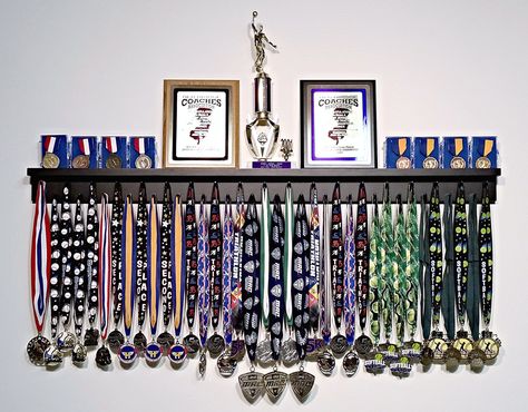 Metal Display Ideas, Medal Hanger Ideas, Hanging Medals Ideas, Trophy And Medal Display Ideas, Award Wall Display Ideas, Medal Holder Ideas, Running Medal Display Ideas, Hockey Medal Holder, Trophy Display Shelves